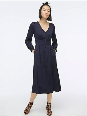 J.CREW | Classic V-Neck Button Midi Satin Dress